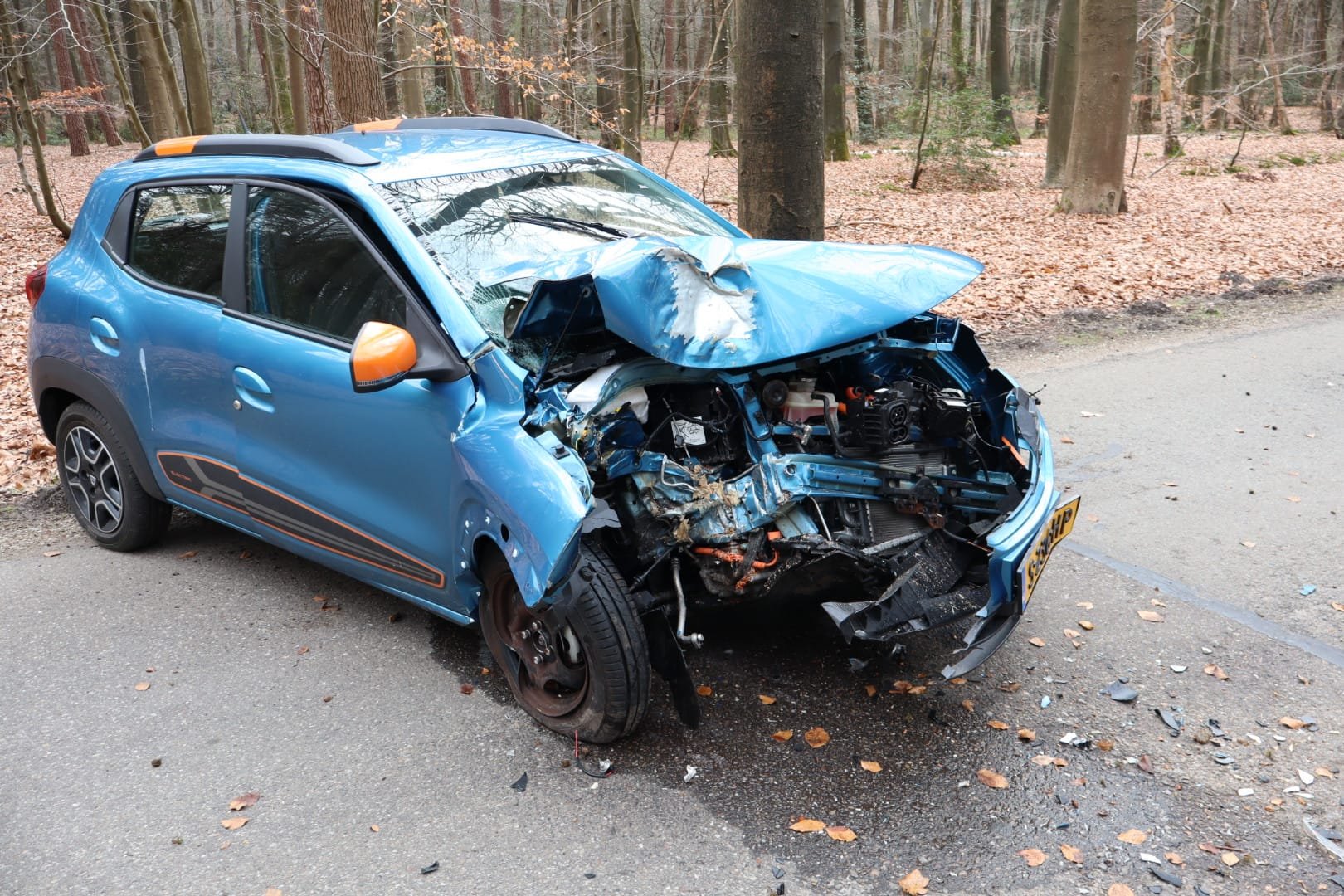 Foto: Bestuurder botst tegen boom, auto zwaar beschadigd