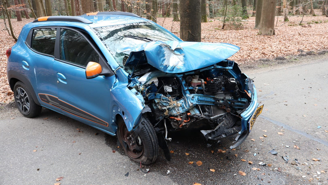 Foto: Bestuurder botst tegen boom, auto zwaar beschadigd