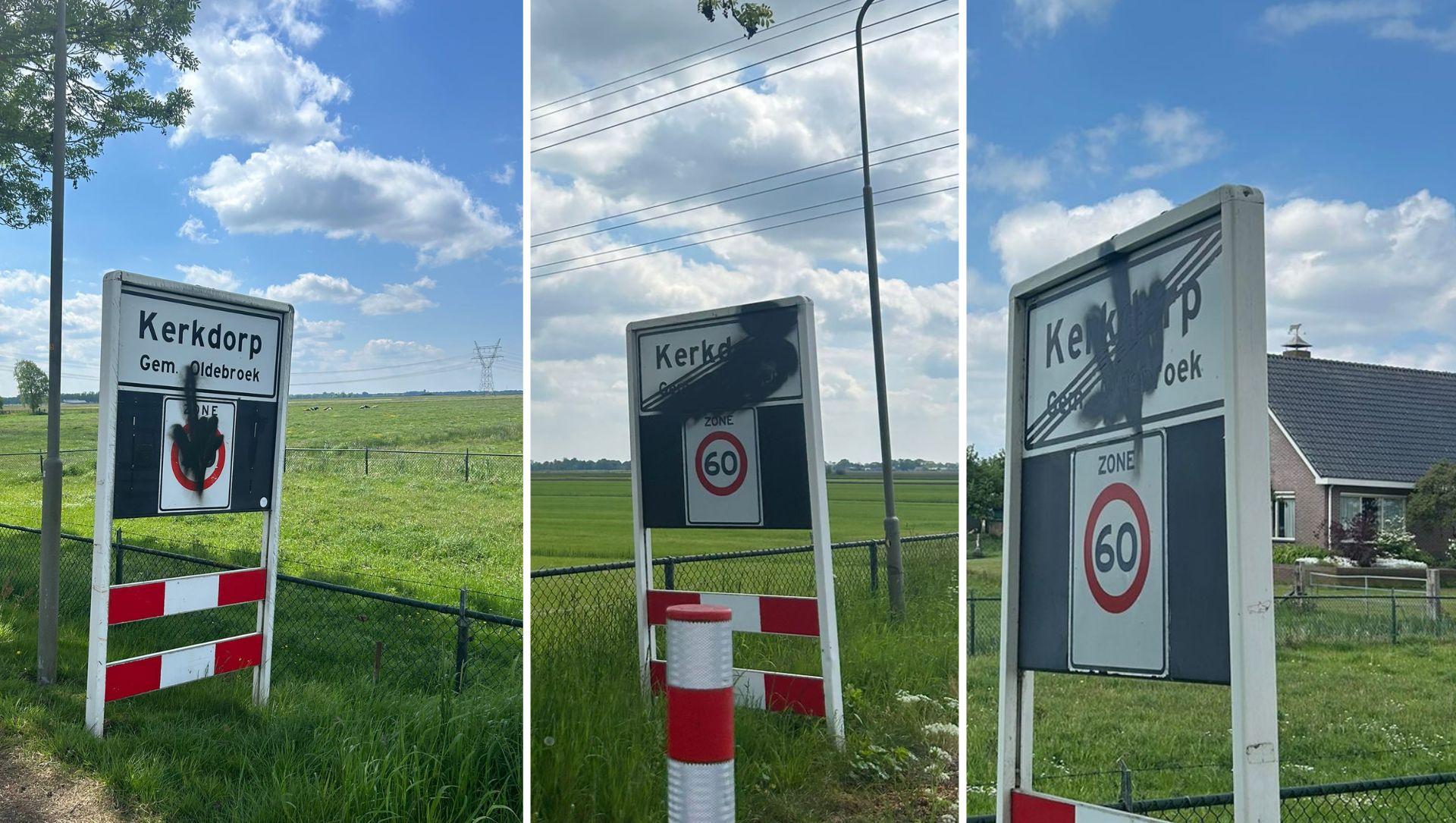 Foto: Plaatsnaamborden in Kerkdorp beklad: naam deels zwartgespoten