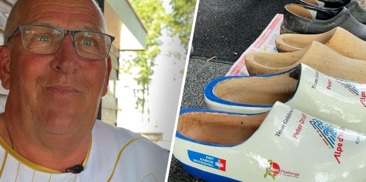 Foto: Peter (63) beklimt de Alpe d’Huez op klompen: ‘Voor mij zijn het normale schoenen’
