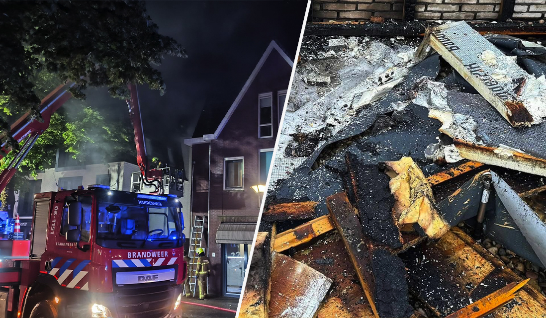 Foto: Bliksem slaat in op dak van appartementencomplex in Nunspeet, bewoners elders opgevangen