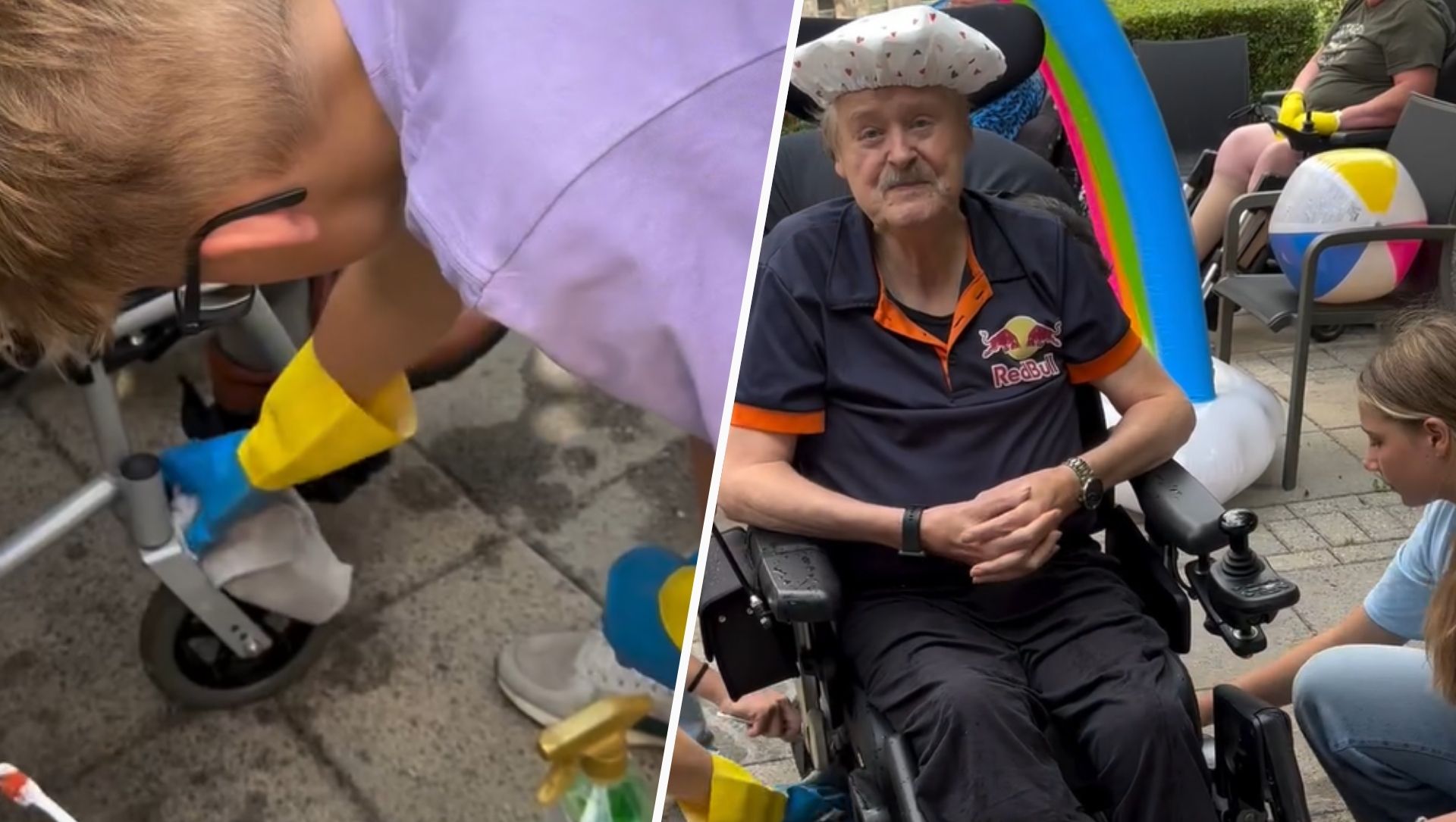 Foto: Geen auto's, maar rollators en rolstoelen door de wasstraat