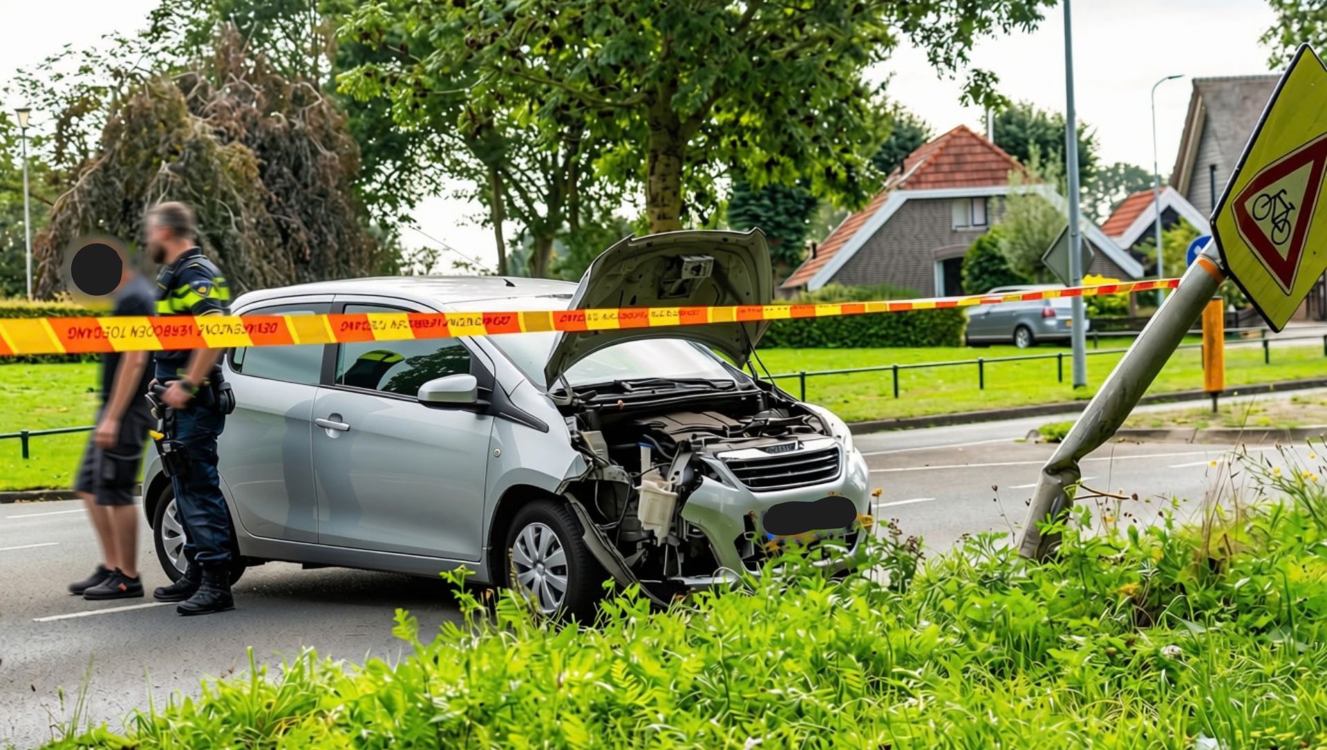 Foto: Auto raakt van de weg en botst, fietspad afgesloten door scheve paal