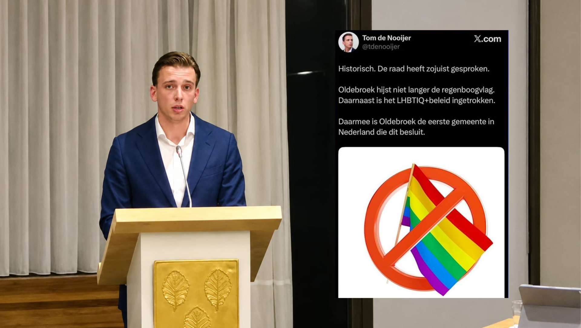 Foto: Regenboogvlag in de ban, De Nooijer zorgt voor nieuwe ophef in Oldebroek