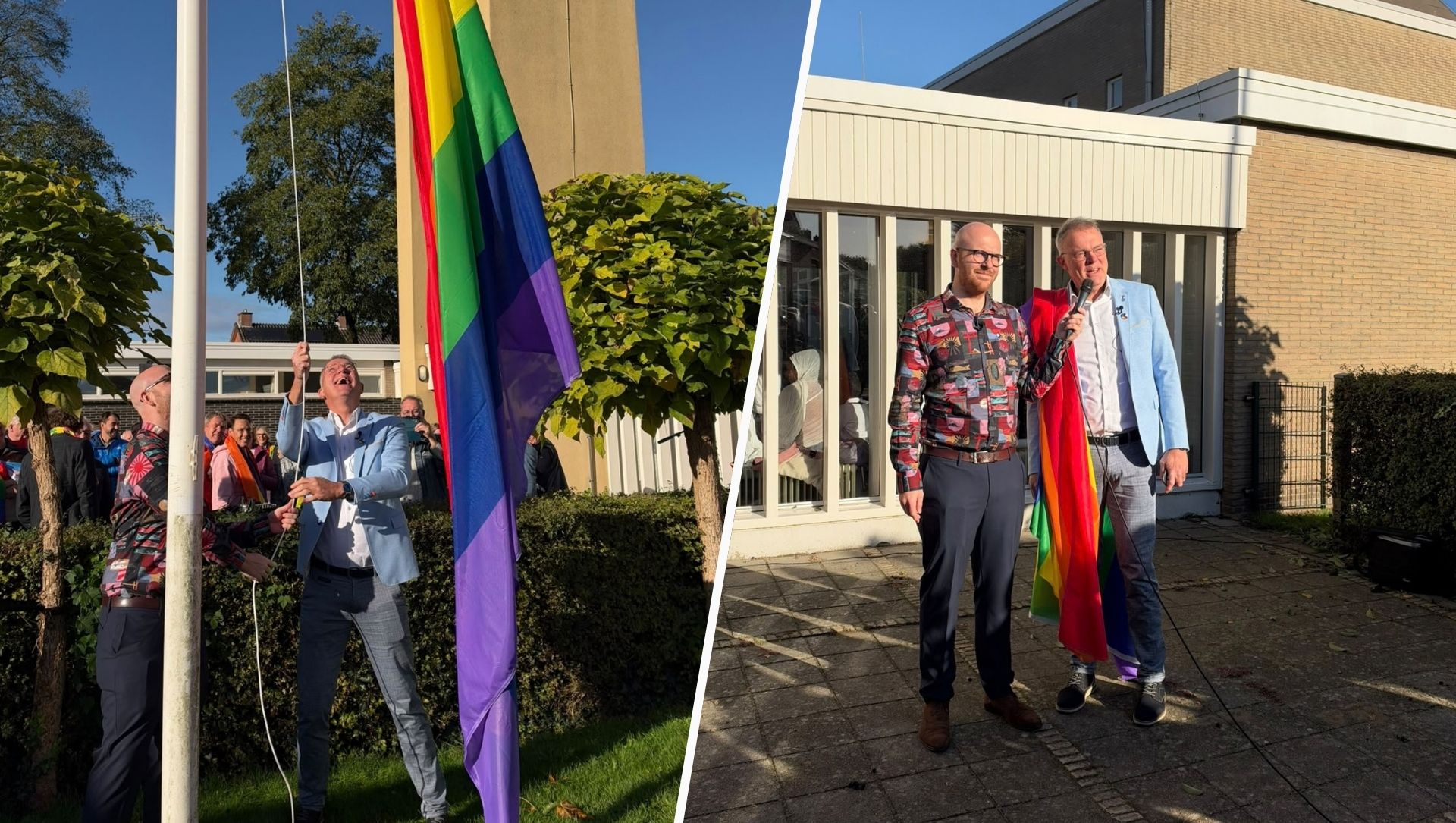 Foto: Honderden regenboogvlaggen gehesen in Oldebroek na schrappen LHBTIQIA+-beleid: ‘Uit liefde en solidariteit’