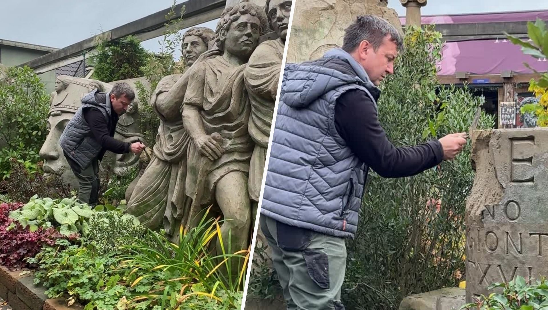 Foto: Hoofd verdwenen en Colosseum beschadigd door regen: kunstenaars herstellen zandsculpturen in Garderen