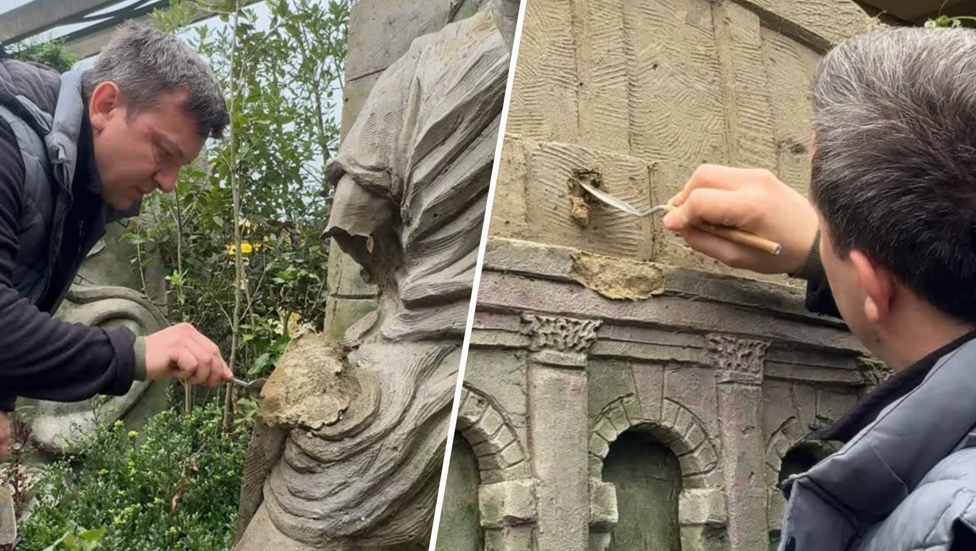 Foto: Hoofd verdwenen en Colosseum beschadigd door regen: kunstenaars herstellen zandsculpturen in Garderen